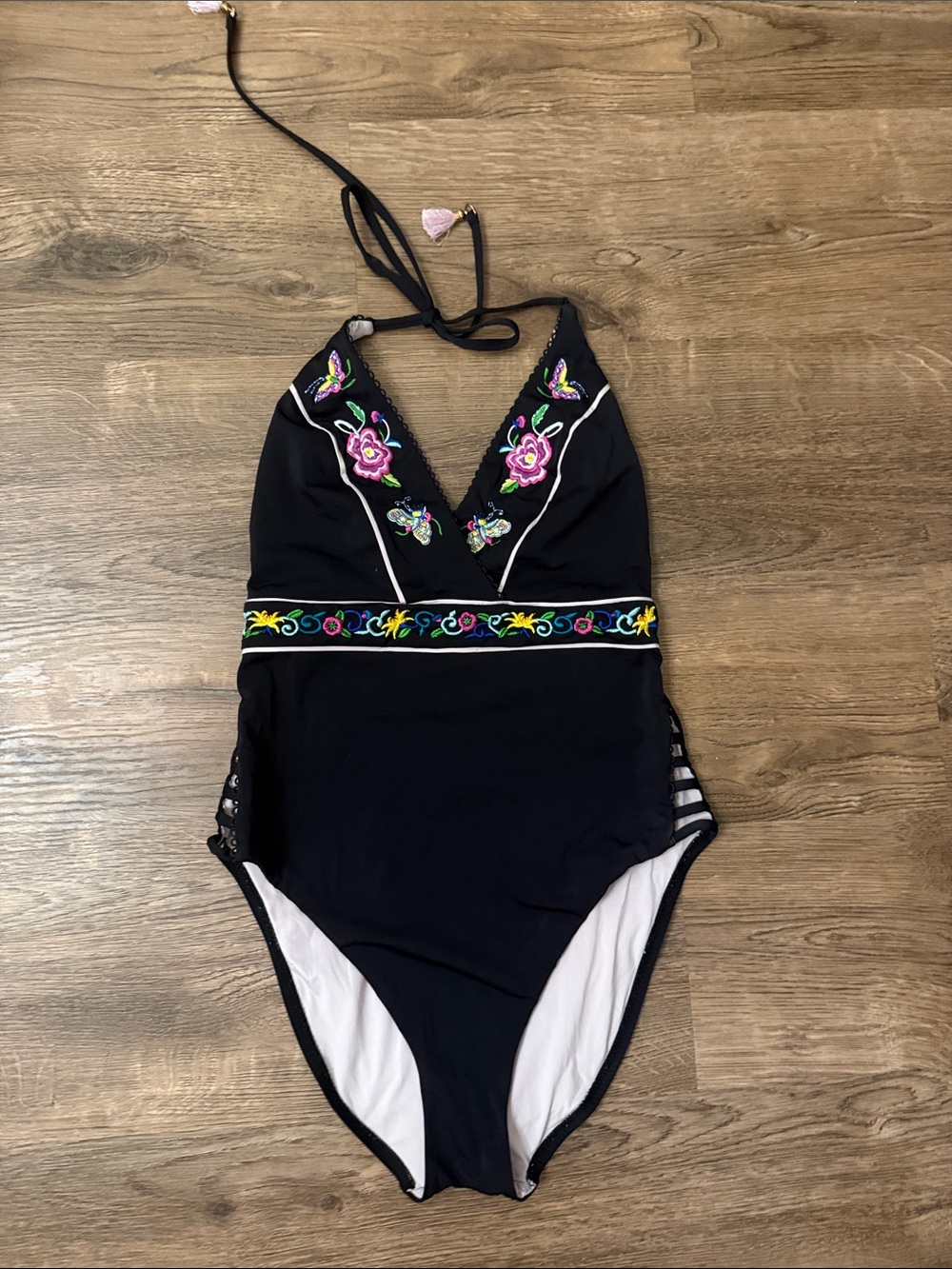 Nanette Lepore Black One-Piece Swimsuit with Colorful Floral Embroidery Size 6
